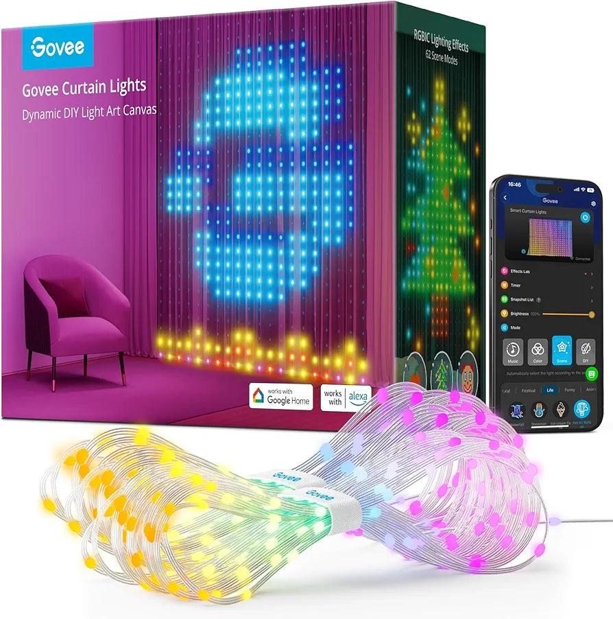 Govee - Smart Curtain Lights - 4.9 x 6.6 ft - RGBIC - Google/ Alexa + Razer Chroma