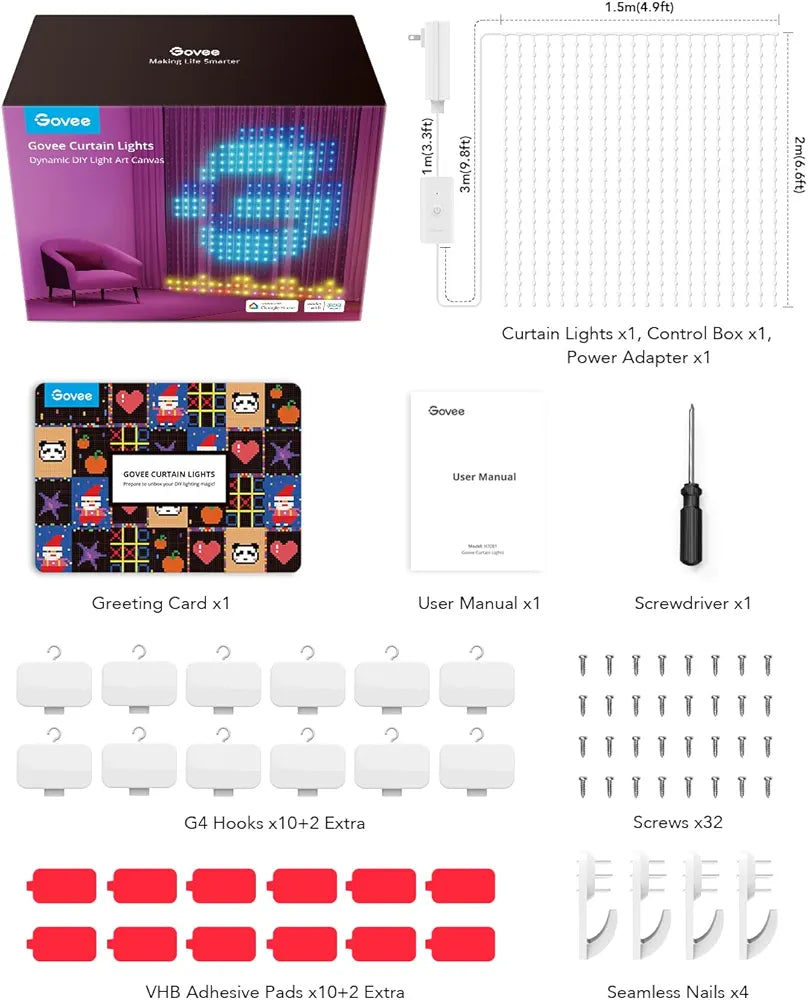 Govee - Smart Curtain Lights - 4.9 x 6.6 ft - RGBIC - Google/ Alexa + Razer Chroma