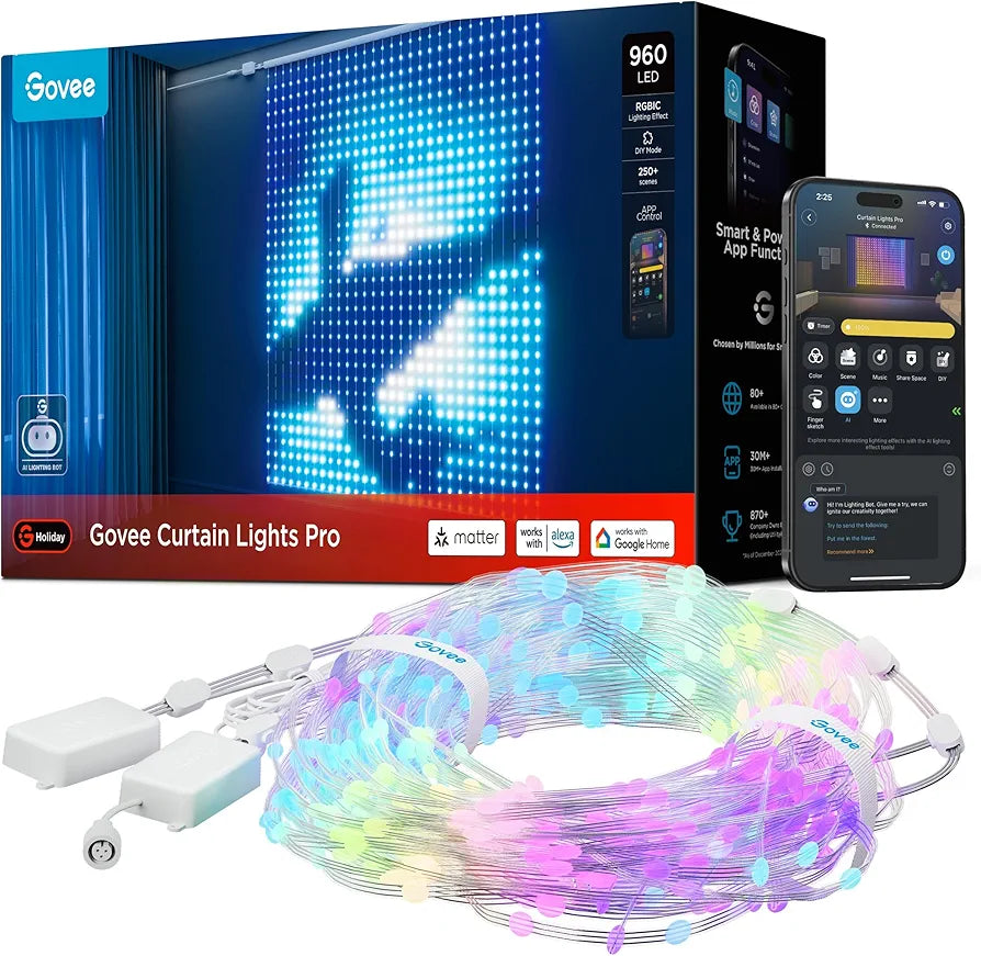 Govee - Smart Curtain Lights PRO - 5.4 ft x 7.7 ft - RGBIC - Google/ Alexa + Razer Chroma