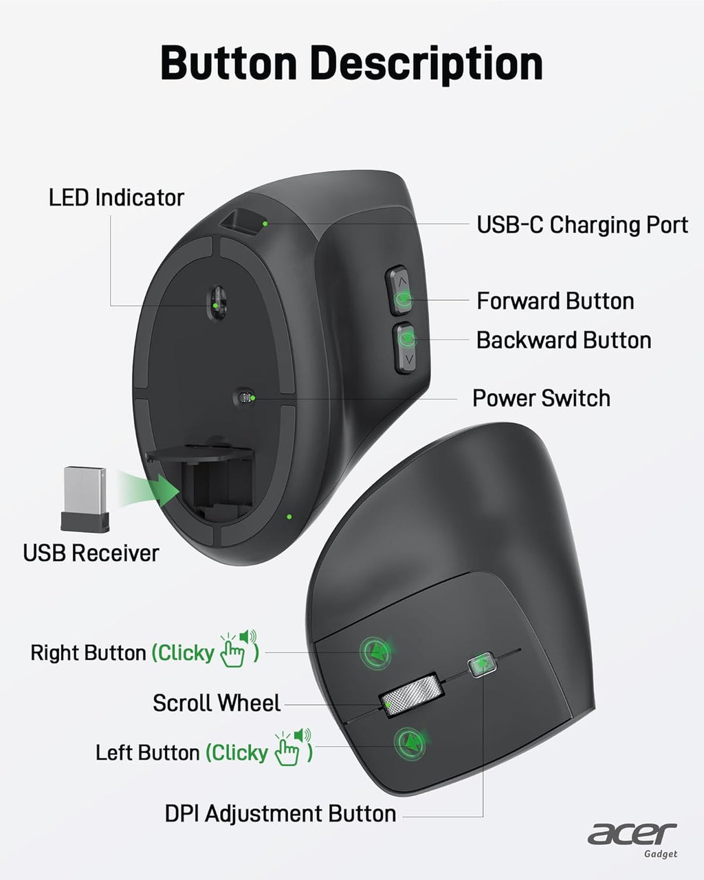 Acer - Wireless Ergonomic Vertical Mouse