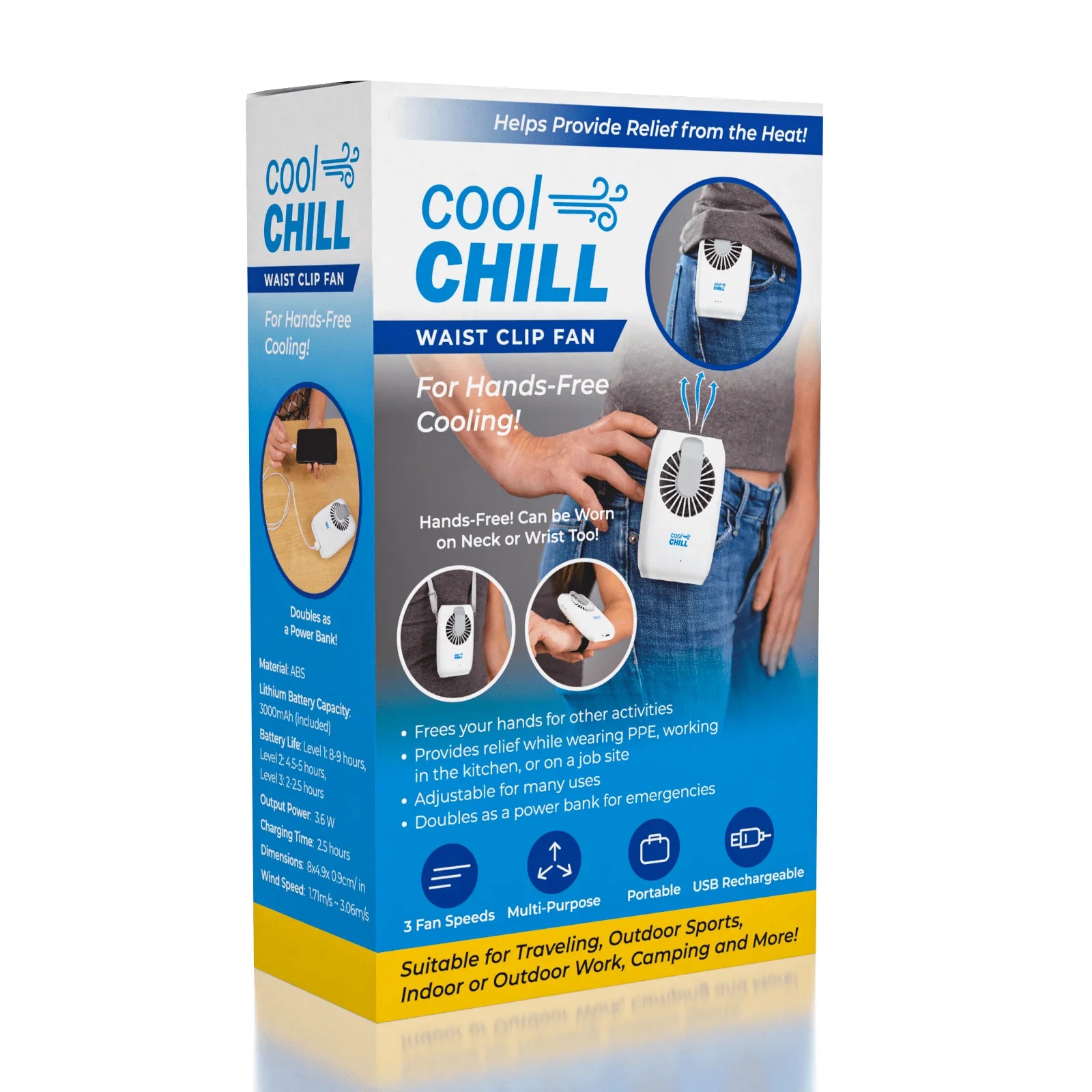 Cool Chill - Air Clip Cooler - Portable Power Bank + Fan - Waist or Neck - 3000mAh