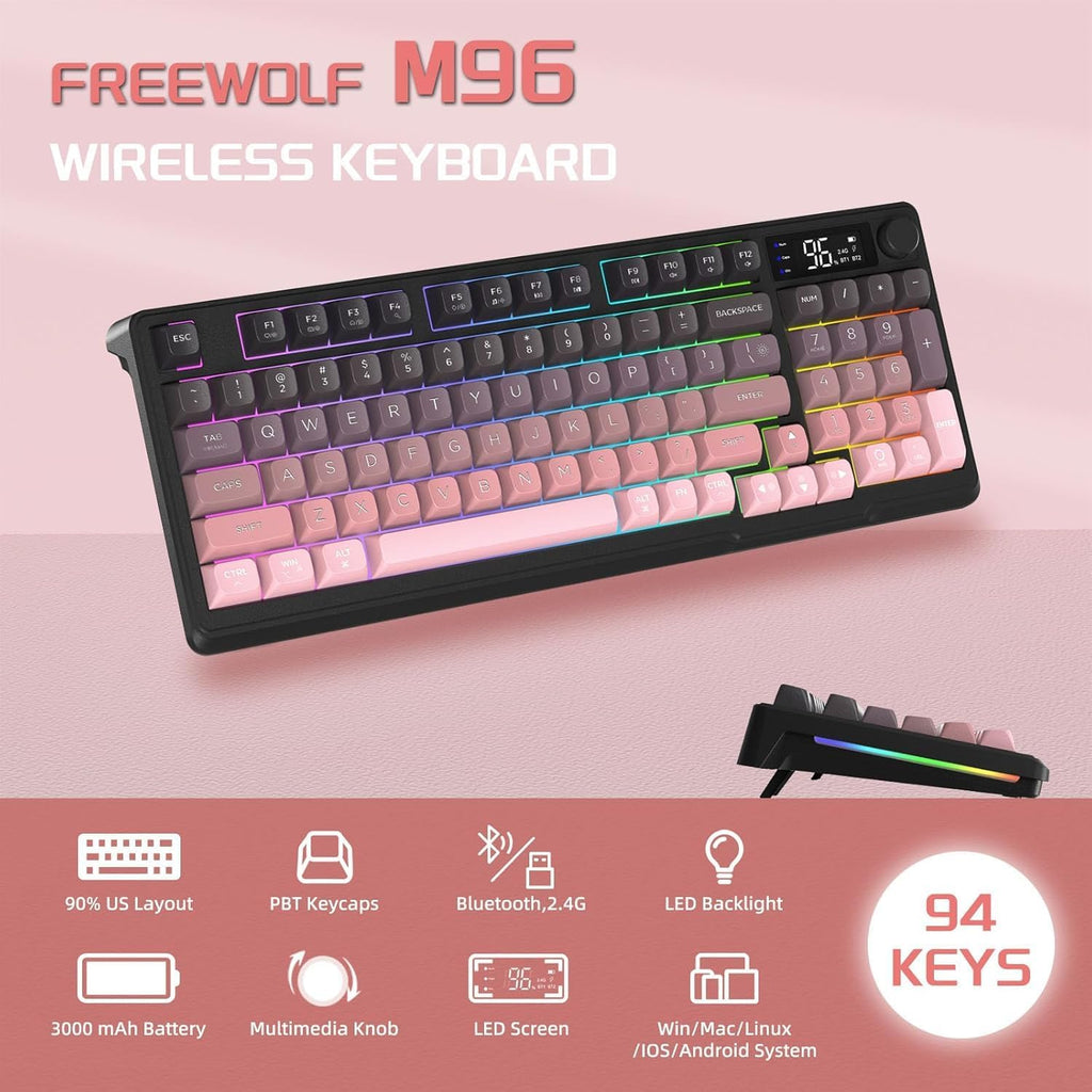 Freewolf - Wireless RGB Gaming Keyboard - Smart Display - 3 Colors