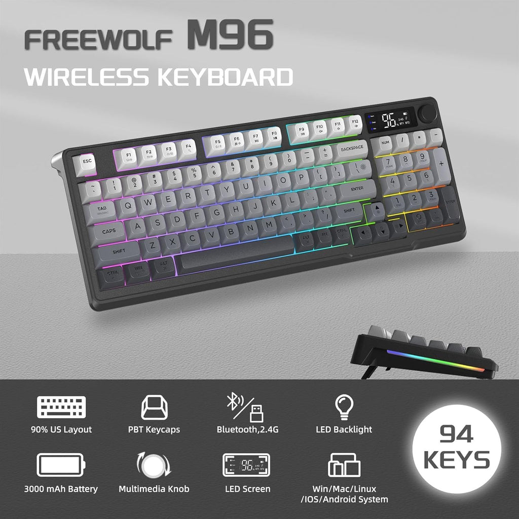 Freewolf - Wireless RGB Gaming Keyboard - Smart Display - 3 Colors