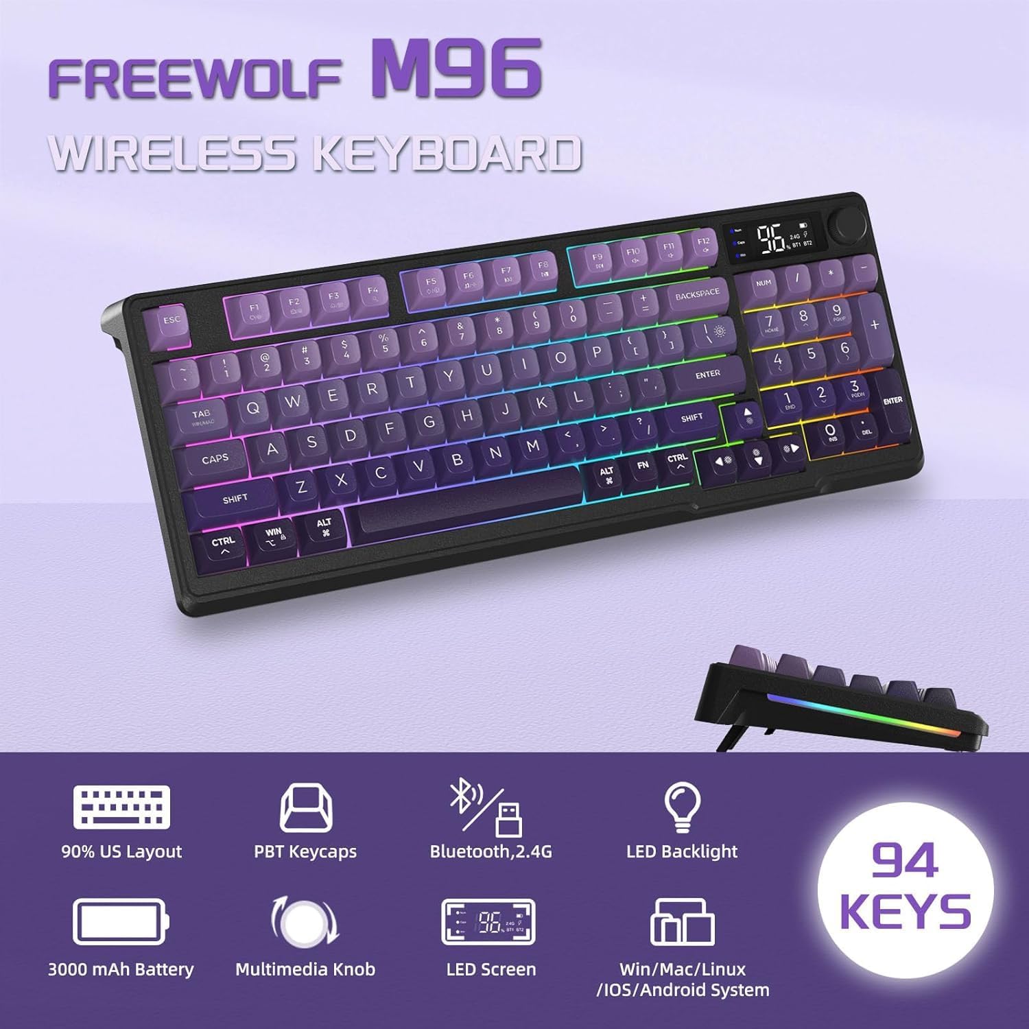 Freewolf - Wireless RGB Gaming Keyboard - Smart Display - 3 Colors