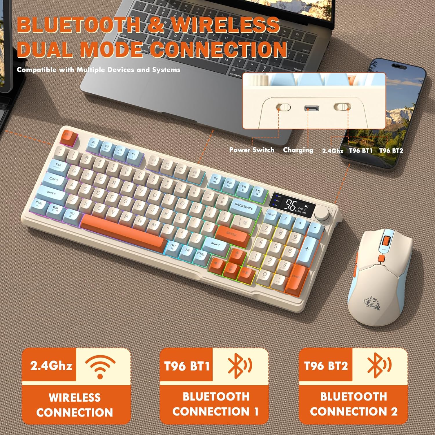 FreeWolf - Wireless RGB Keyboard & Mouse Combo - Smart Display