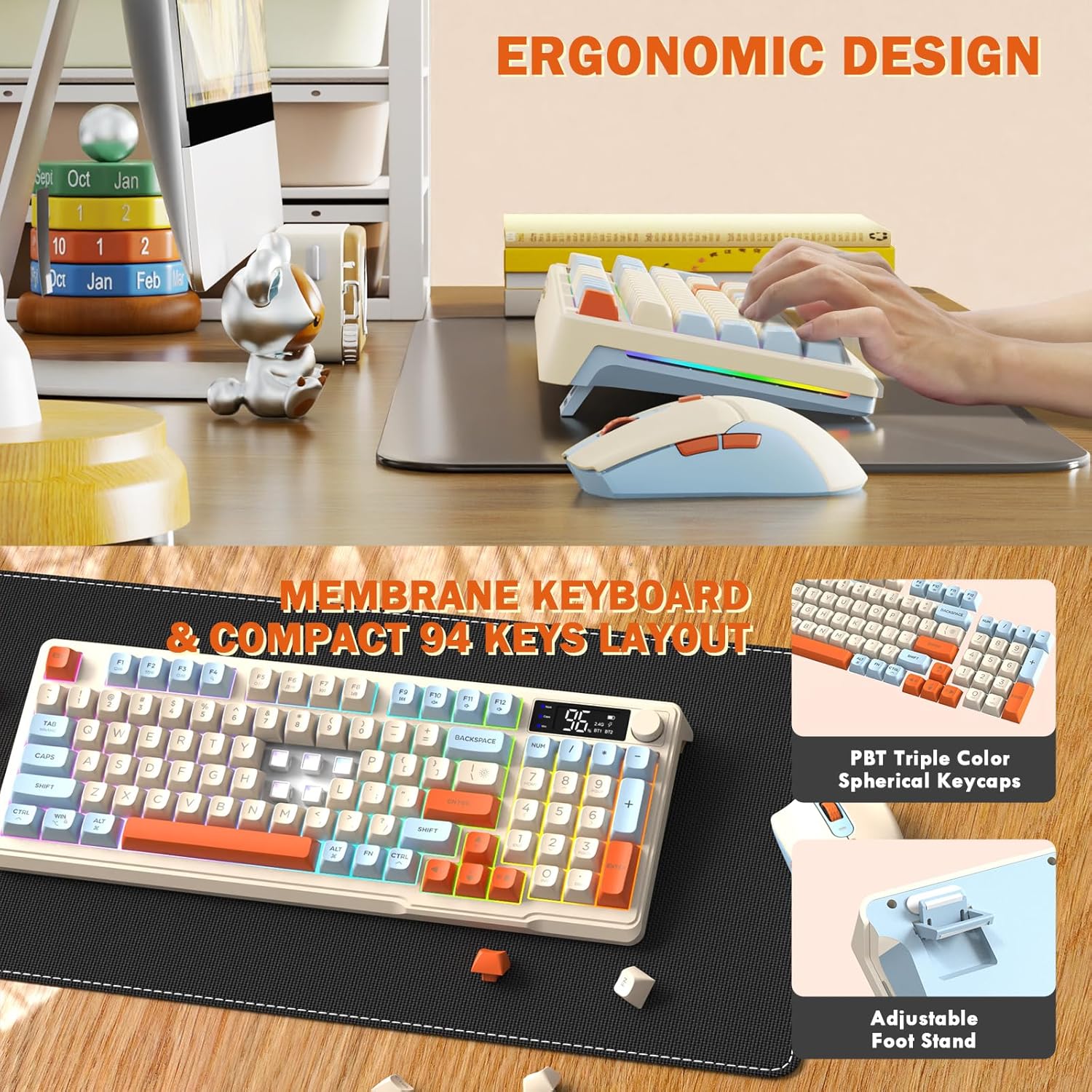 FreeWolf - Wireless RGB Keyboard & Mouse Combo - Smart Display