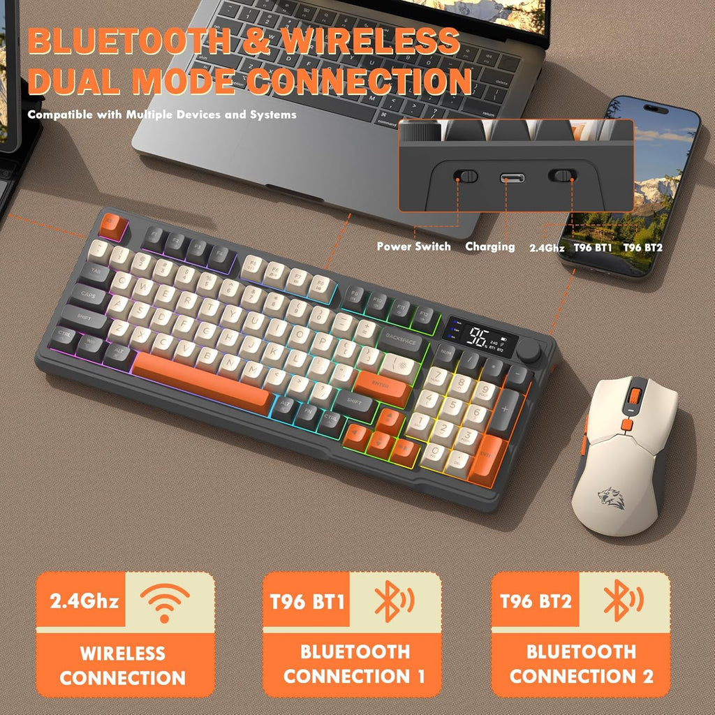 FreeWolf - Wireless RGB Keyboard & Mouse Combo - Smart Display