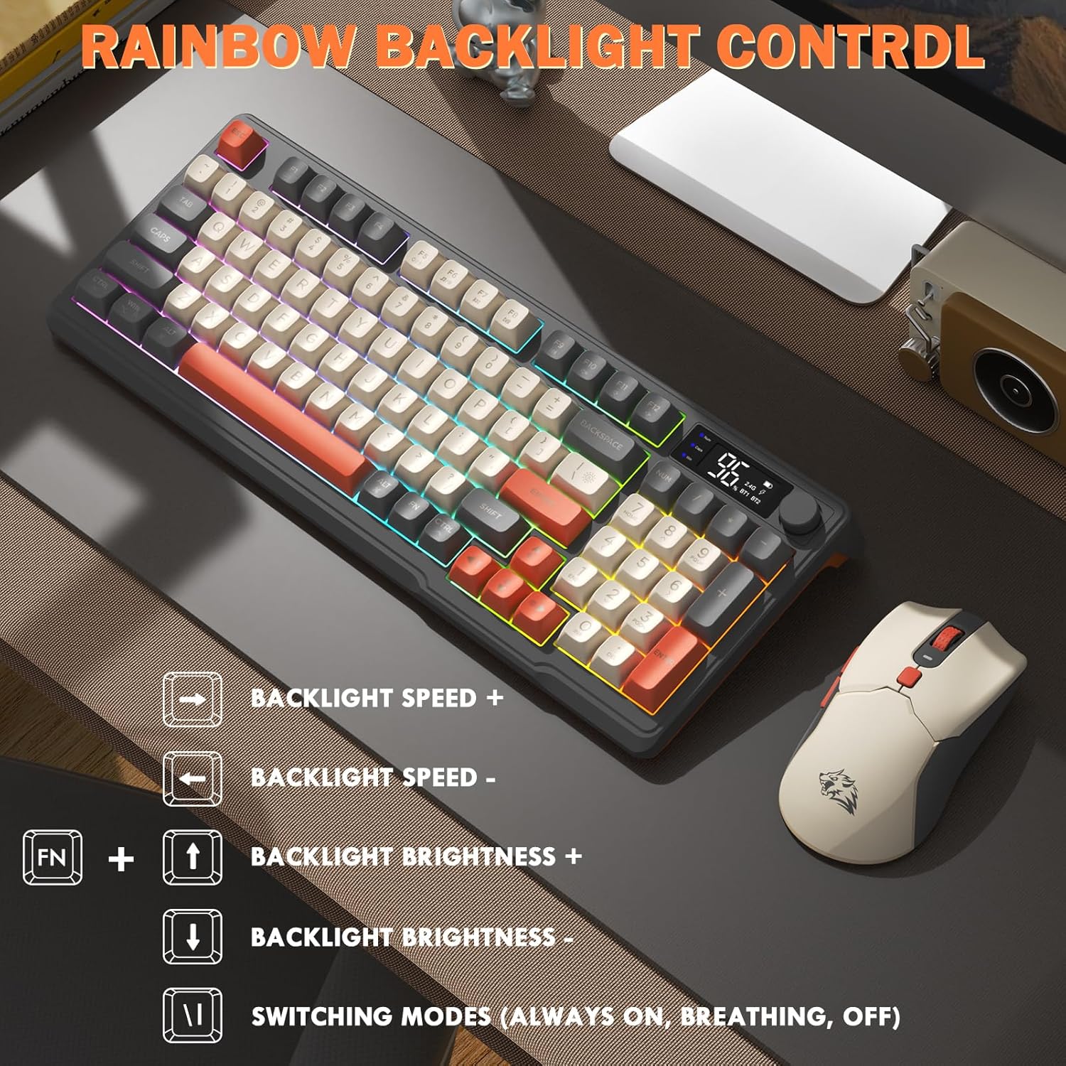 FreeWolf - Wireless RGB Keyboard & Mouse Combo - Smart Display