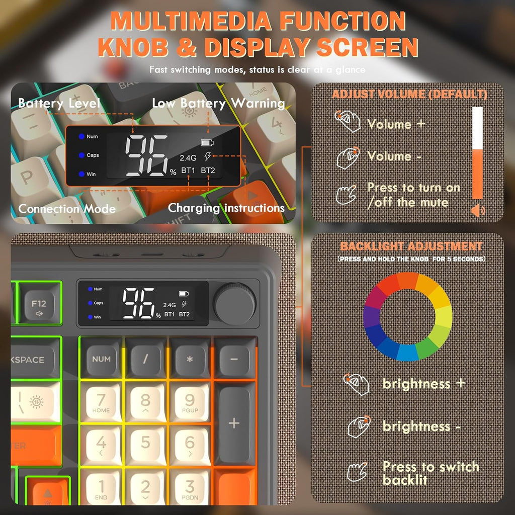 FreeWolf - Wireless RGB Keyboard & Mouse Combo - Smart Display