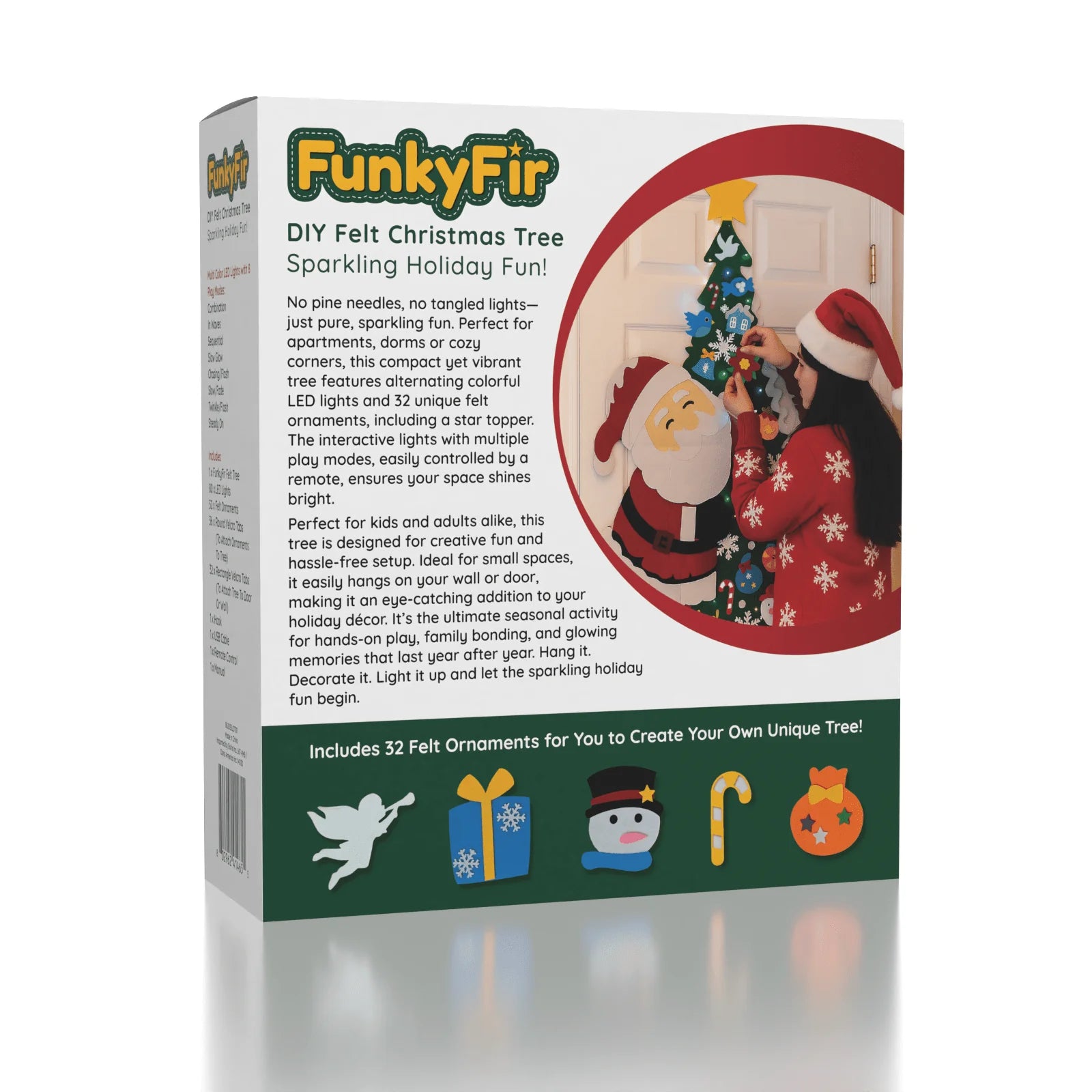 Funky Fir - DIY Felt Christmas Tree Wall Hanging - LED Lights & Ornaments - 63 INCH / 160 CM