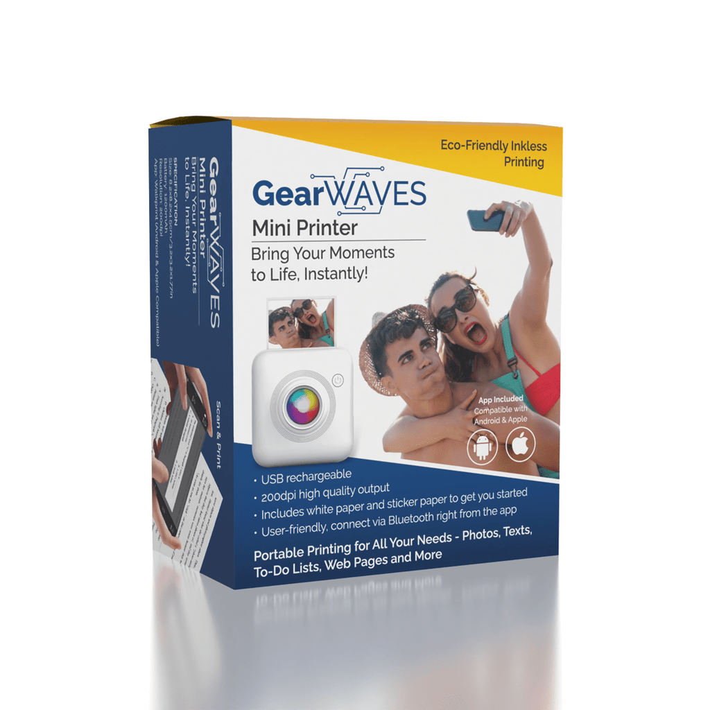 Gear Waves - Mini Portable Photo Printer - Inkless Thermal Stickers - 200 DPI