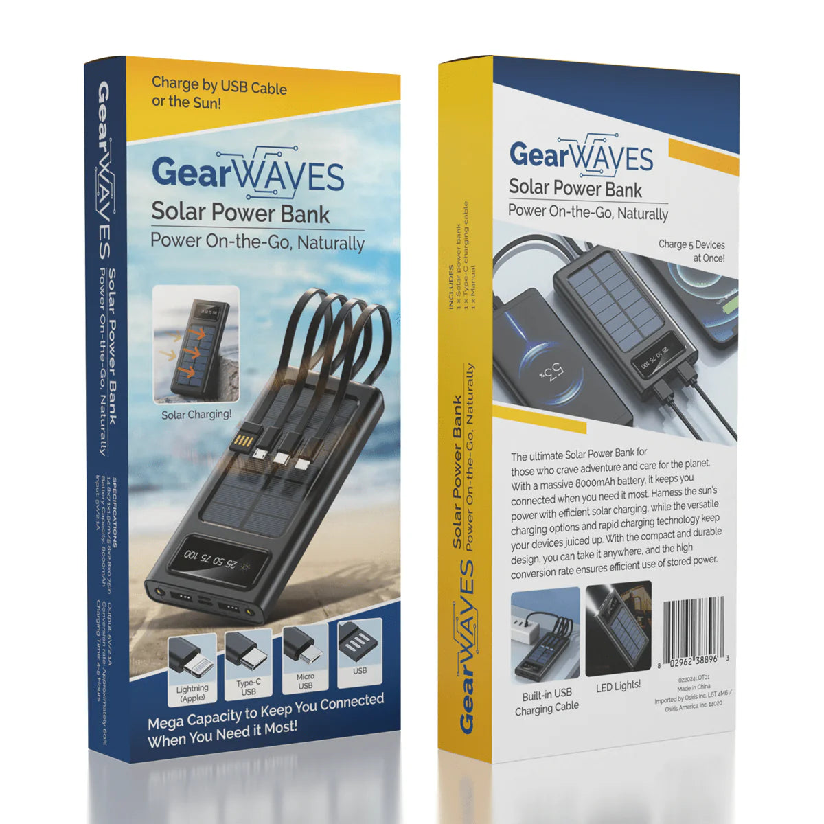 Gear Waves - Portable Solar Charger + Flashlight - 10,000mAH