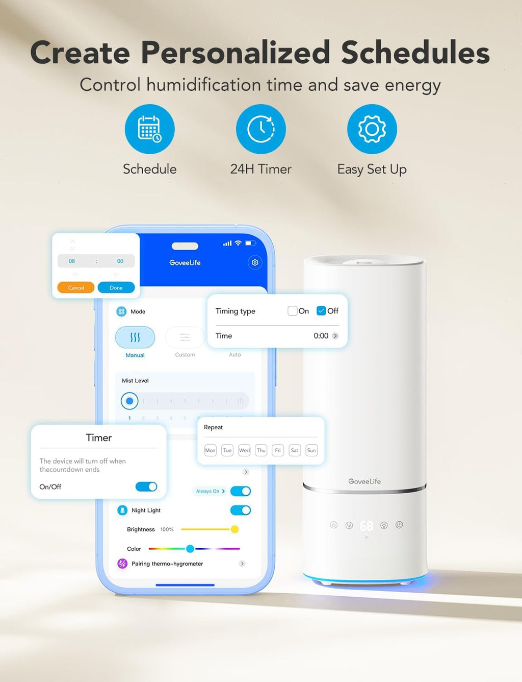 Govee - Smart Humidifier - ALEXA + GOOGLE HOME - APP - 6 L (6000 ML)