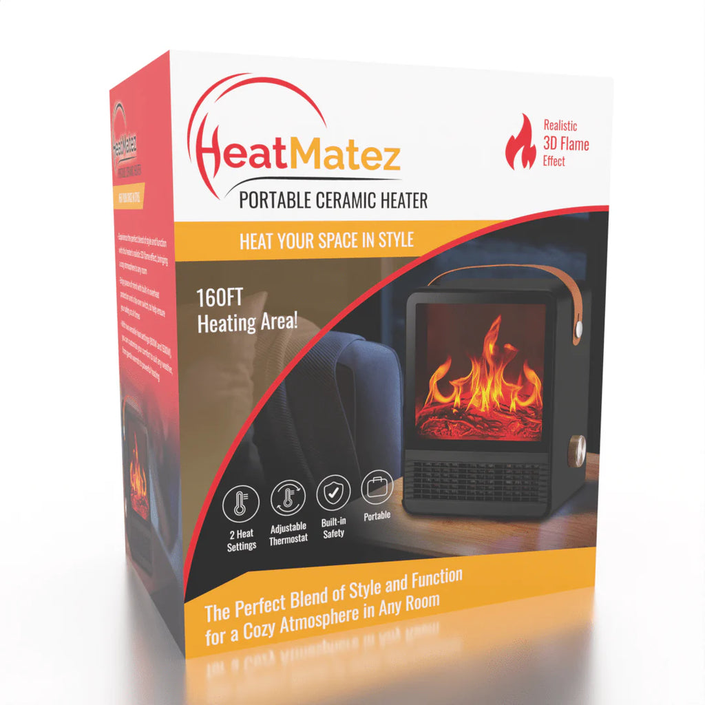 Heat Matez - Portable Ceramic Heater - Mini Fireplace - 3D Flame - 160 Sq ft.