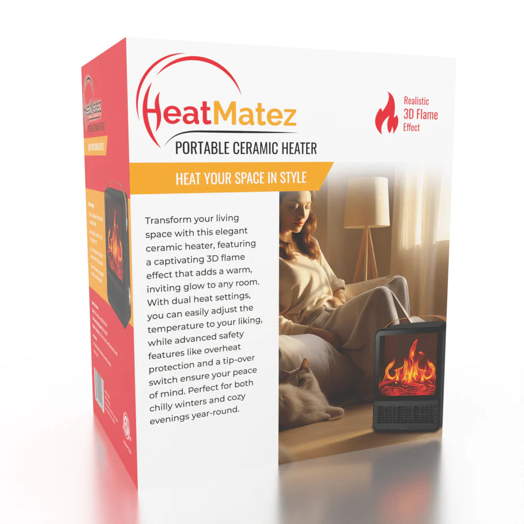 Heat Matez - Portable Ceramic Heater - Mini Fireplace - 3D Flame - 160 Sq ft.