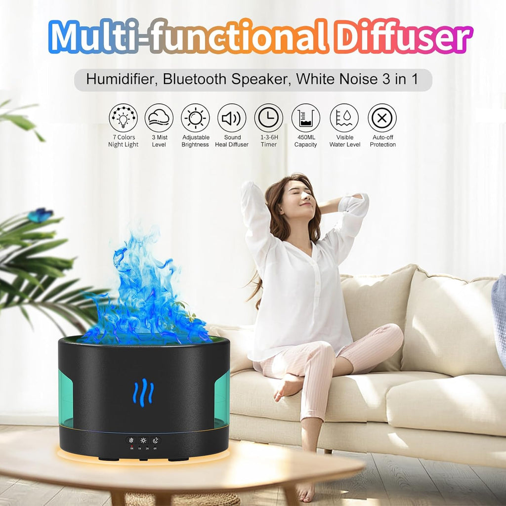 Kinscoter - RGB Flame Humidifier + Aroma Diffuser + BLUEOOTH SPEAKERS - REMOTE - 450ML