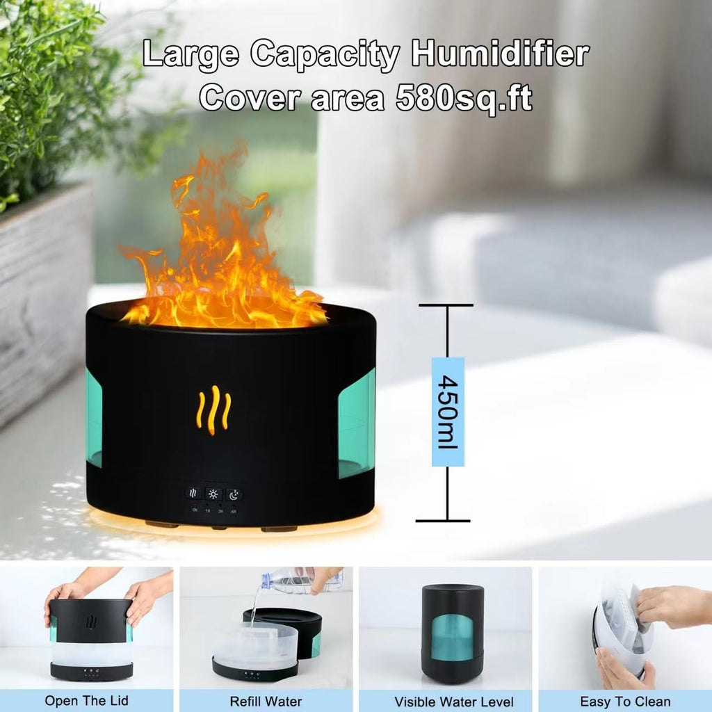 Kinscoter - RGB Flame Humidifier + Aroma Diffuser + BLUEOOTH SPEAKERS - REMOTE - 450ML