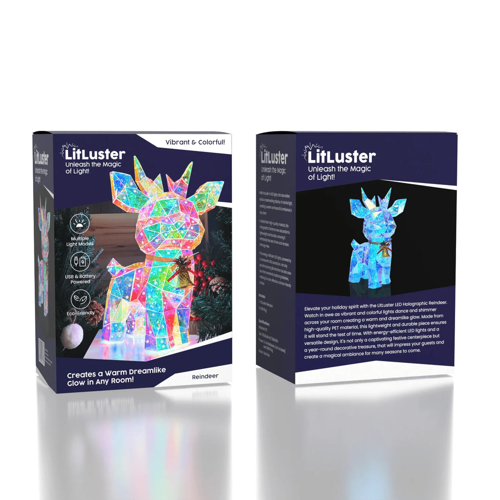 Lit Luster - Holographic Geometric Christmas Lamp - RGB LED - Large Crystal Reindeer