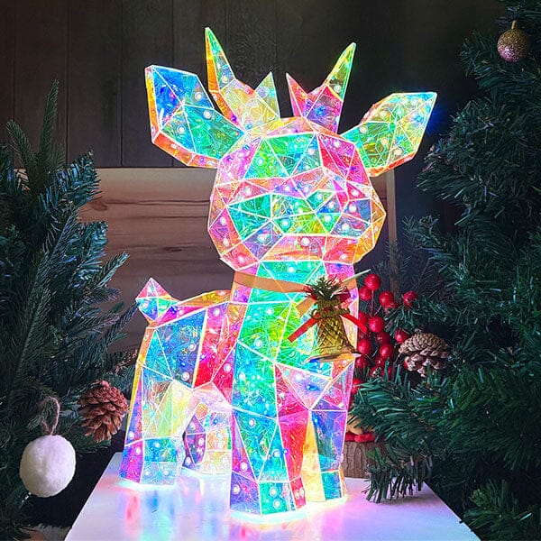Lit Luster - Holographic Geometric Christmas Lamp - RGB LED - Large Crystal Reindeer