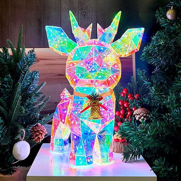 Lit Luster - Holographic Geometric Christmas Lamp - RGB LED - Large Crystal Reindeer