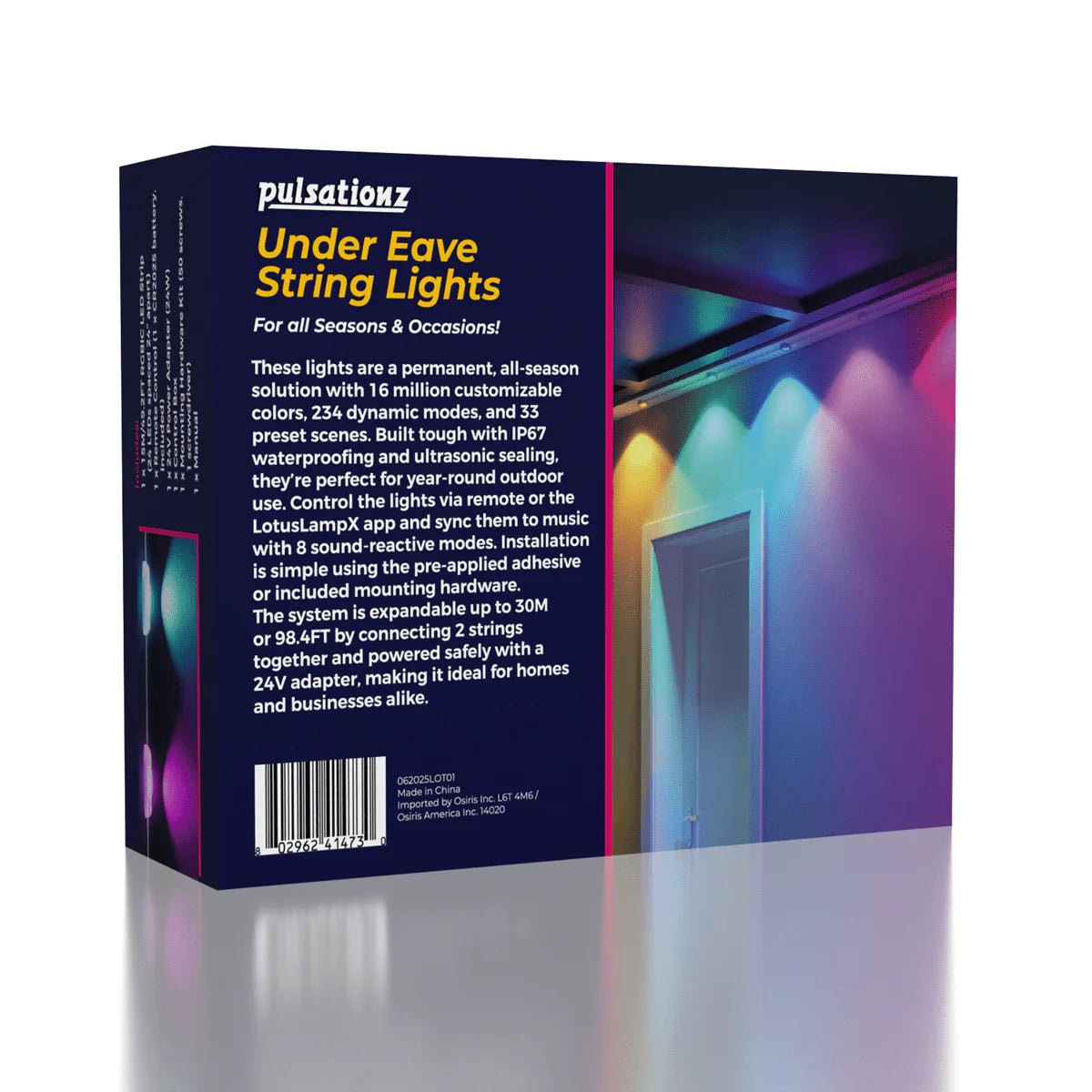 Pulsationz - Smart Under Eave String Lights - OUTDOOR Waterproof - RGB LED - Remote + App - 49.2 FT / 15 M