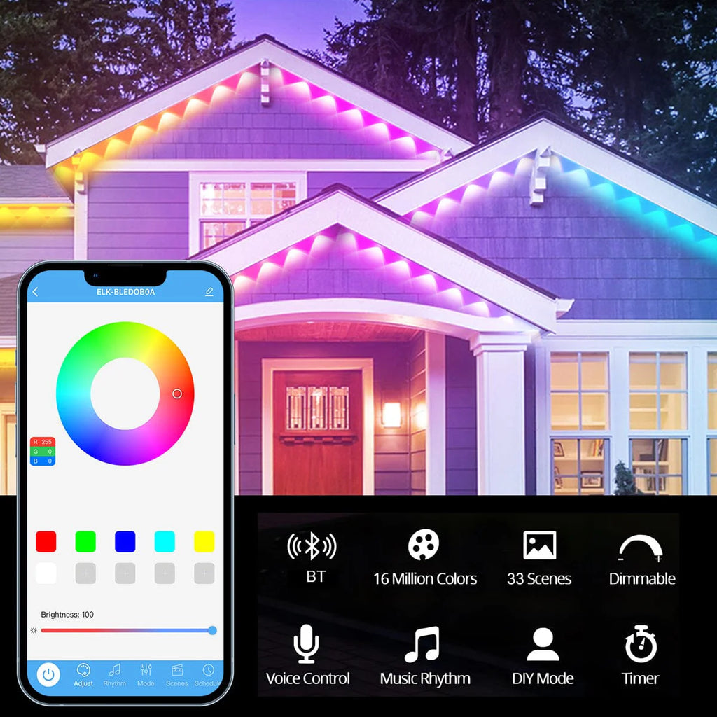 Pulsationz - Smart Under Eave String Lights - OUTDOOR Waterproof - RGB LED - Remote + App - 49.2 FT / 15 M
