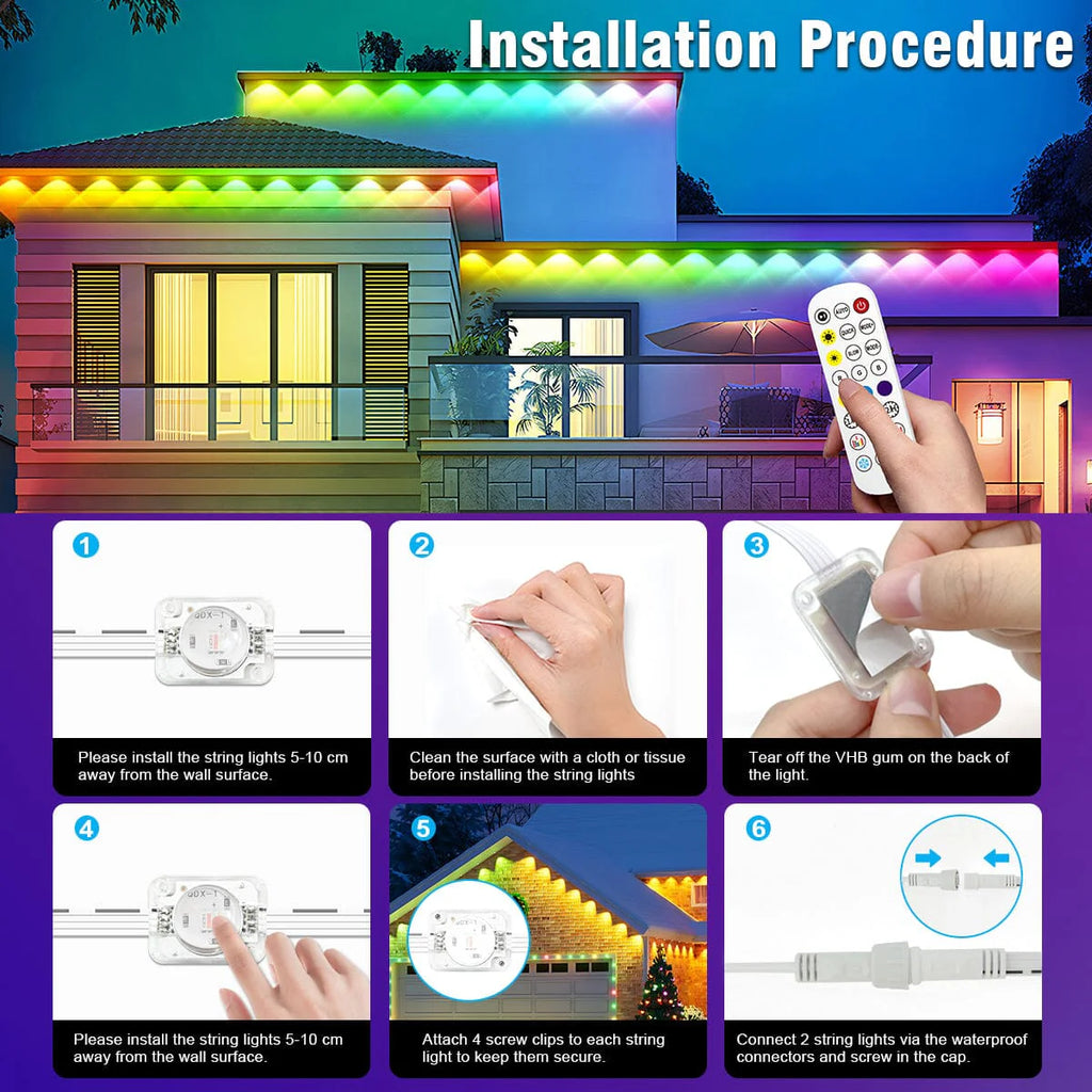 Pulsationz - Smart Under Eave String Lights - OUTDOOR Waterproof - RGB LED - Remote + App - 49.2 FT / 15 M