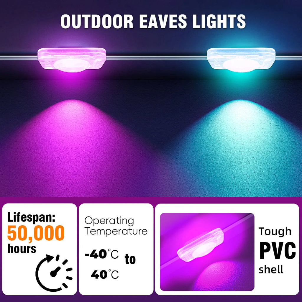 Pulsationz - Smart Under Eave String Lights - OUTDOOR Waterproof - RGB LED - Remote + App - 49.2 FT / 15 M