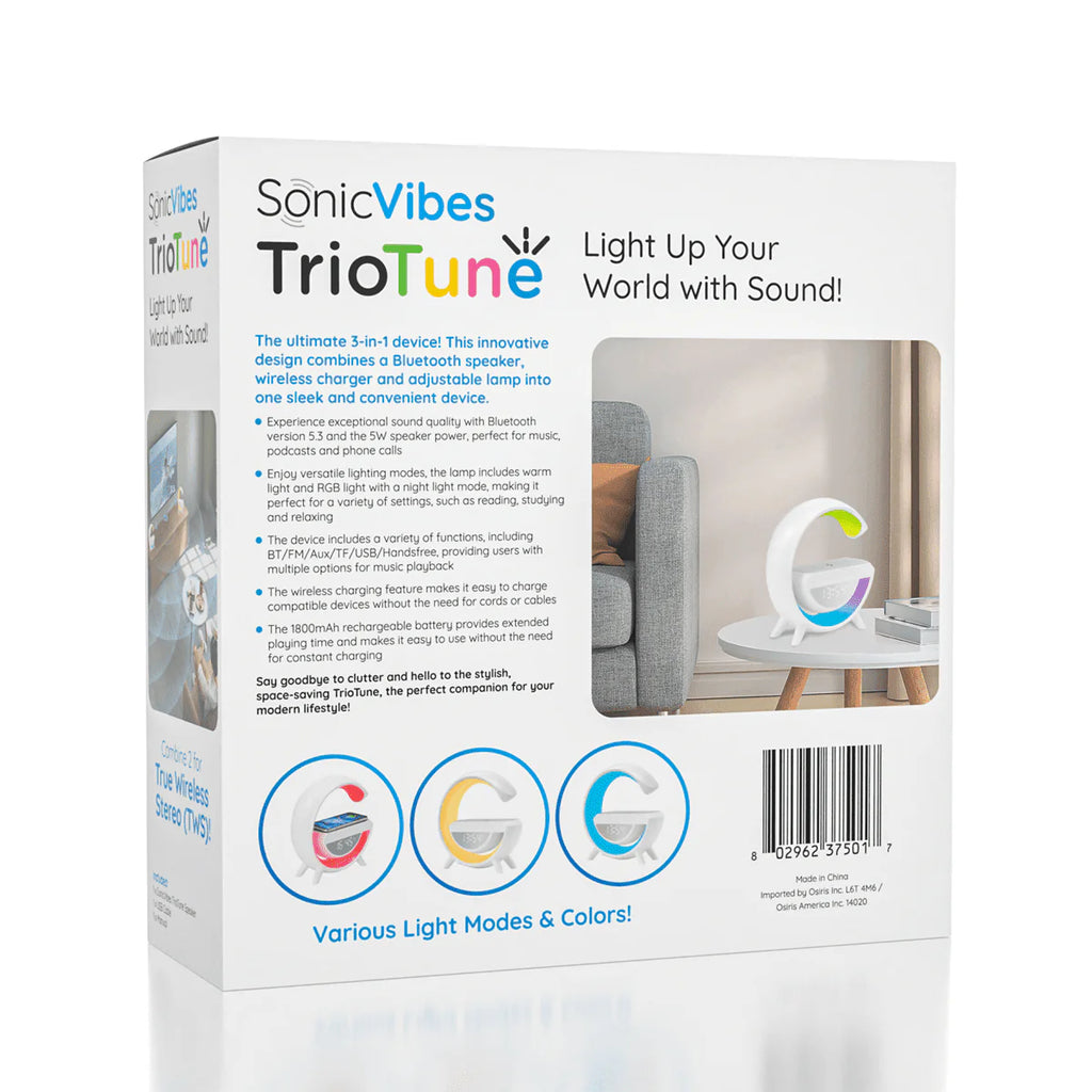 Sonic Vibes - Trio Tune G Lamp - Bluetooth RGB Speaker + Wireless Charger + Digital Clock