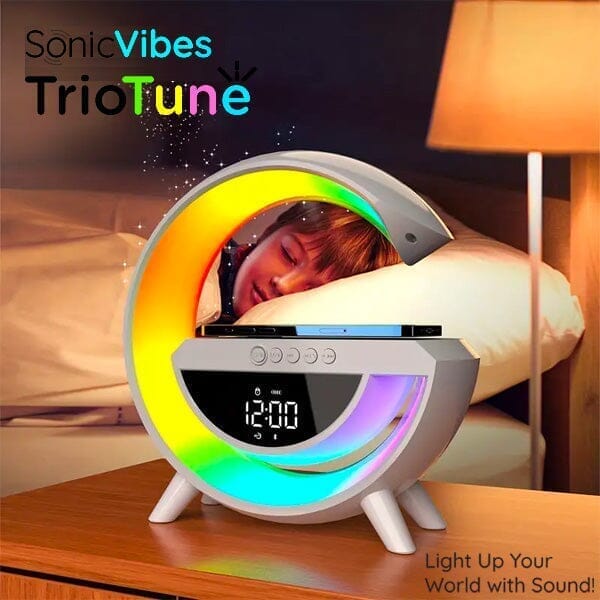 Sonic Vibes - Trio Tune G Lamp - Bluetooth RGB Speaker + Wireless Charger + Digital Clock