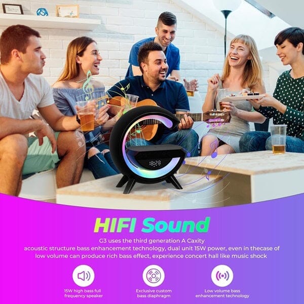 Sonic Vibes - Trio Tune G Lamp - Bluetooth RGB Speaker + Wireless Charger + Digital Clock