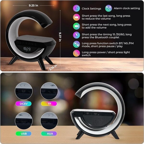 Sonic Vibes - Trio Tune G Lamp - Bluetooth RGB Speaker + Wireless Charger + Digital Clock