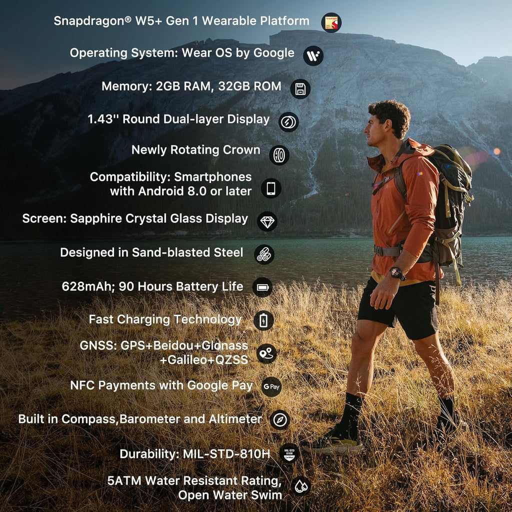 Ticwatch Atlas - Best Smartwatch 2025 - Snapdragon W5+ Gen 1 - 45 Day Battery