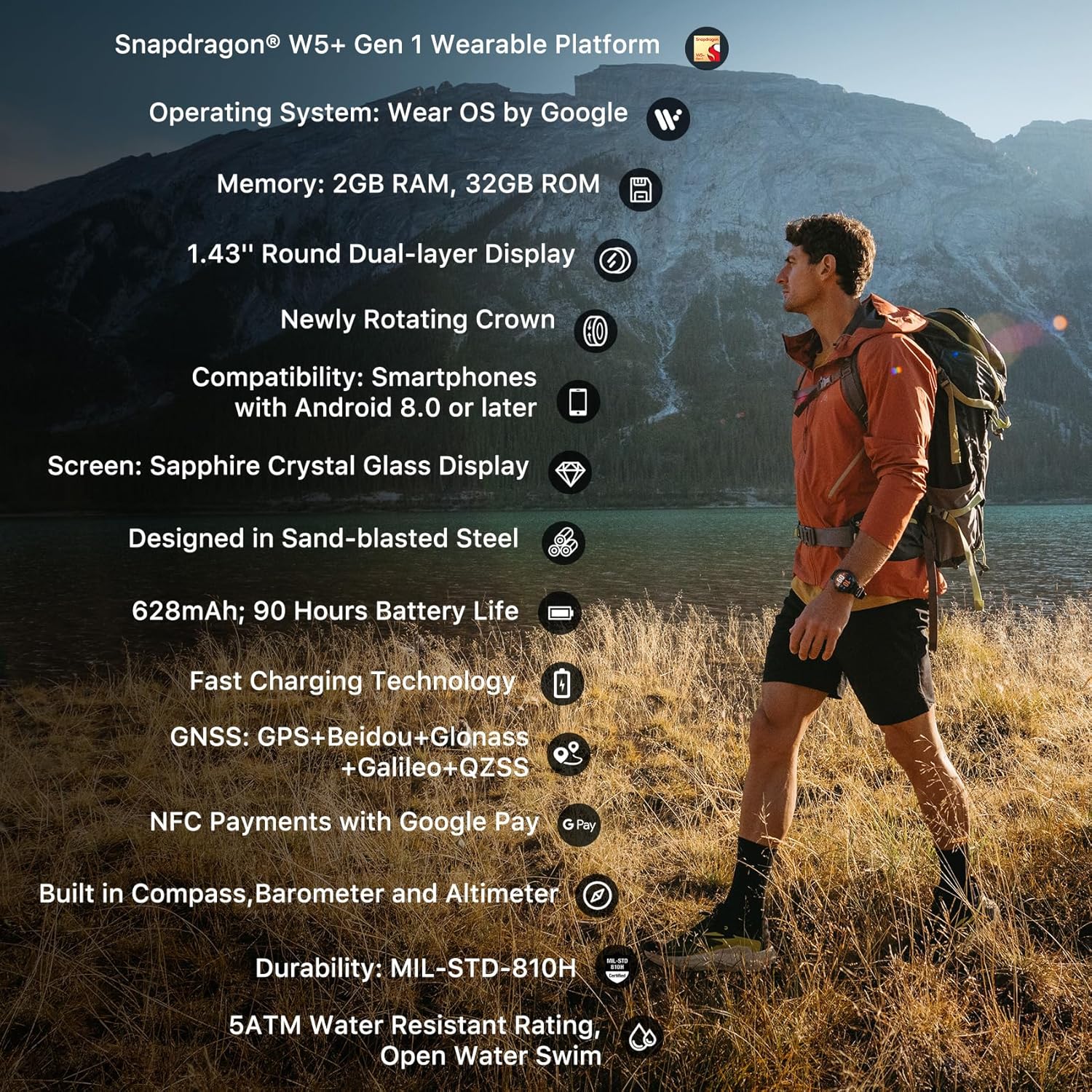 Ticwatch Atlas - Best Smartwatch 2025 - Snapdragon W5+ Gen 1 - 45 Day Battery