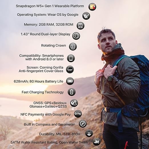 Ticwatch Pro 5 - Best Smartwatch 2024 - Snapdragon W5+ Gen 1 - 45 Day Battery